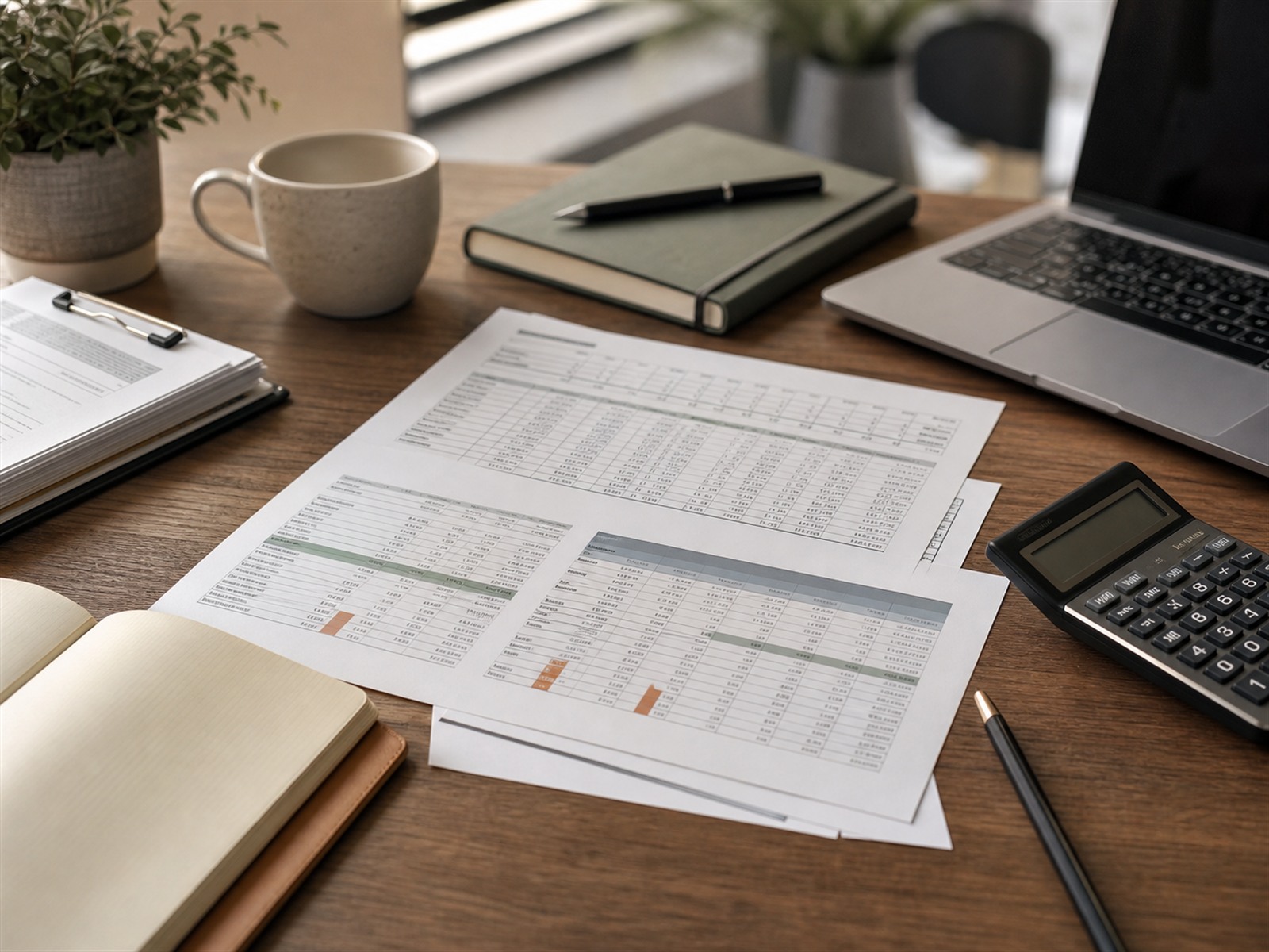 Job estimate spreadsheets, calculator and laptop on a desk